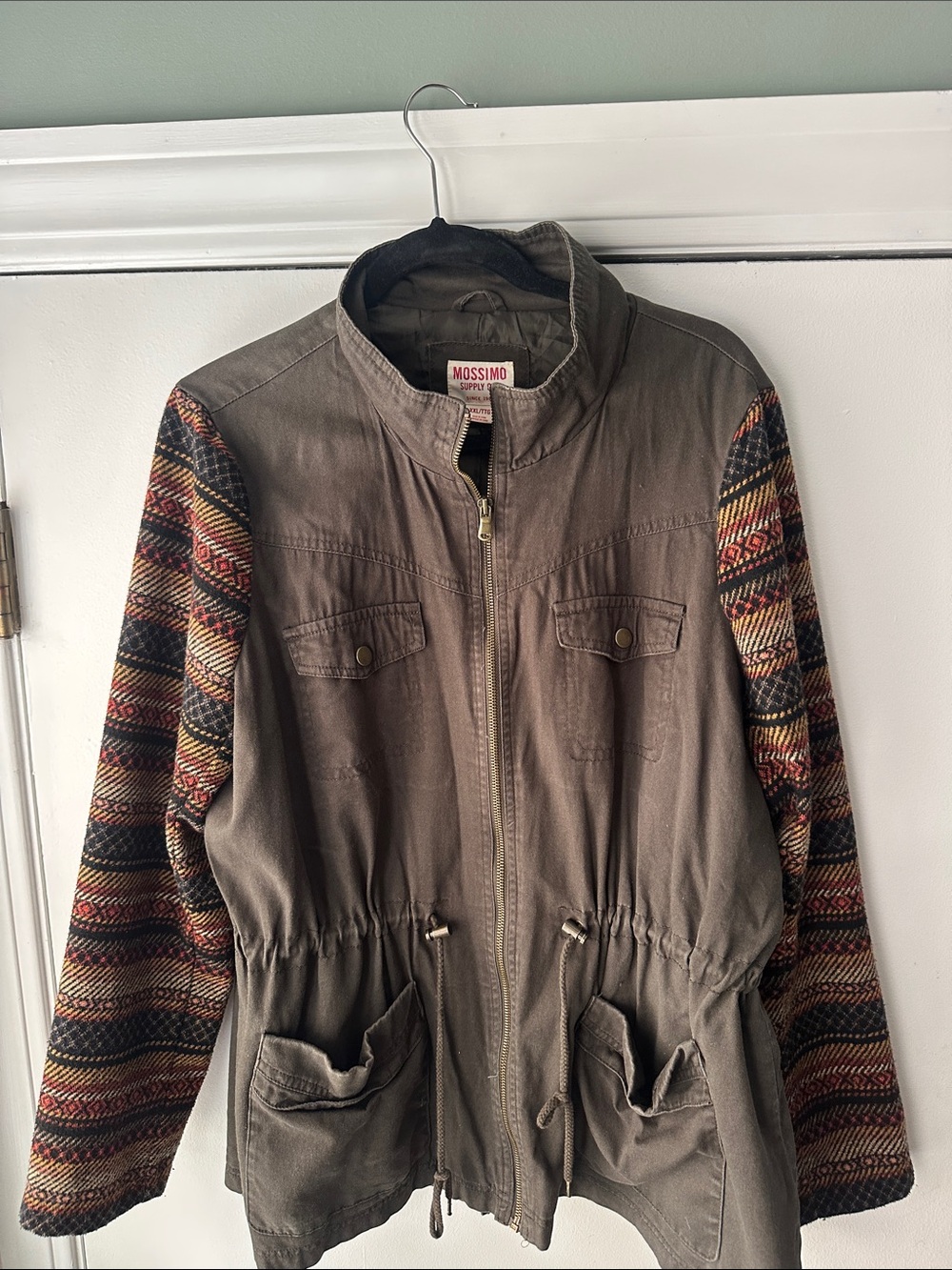 Mossimo Supply Co. Olive Utility Jacket with Multicolor Patterned Sleeves